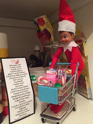 Elf on the shelf shopping in the pantry